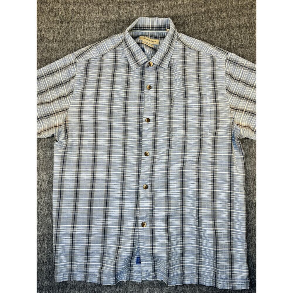 Mens Tommy Bahama Silk Cotton Blend Button Up Shortsleeve Blue Shirt XL